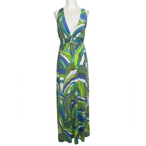 TRINA TURK Vibrant Abstract Print Racerback Maxi Dress Green Blue Small S